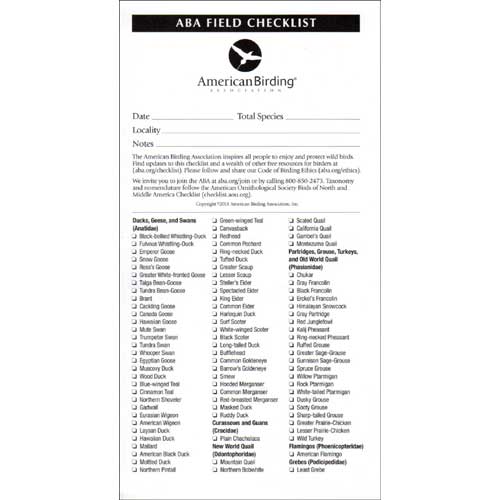 Item #ABAFC ABA Field Checklist - Weatherproof field card. American Birding Association.