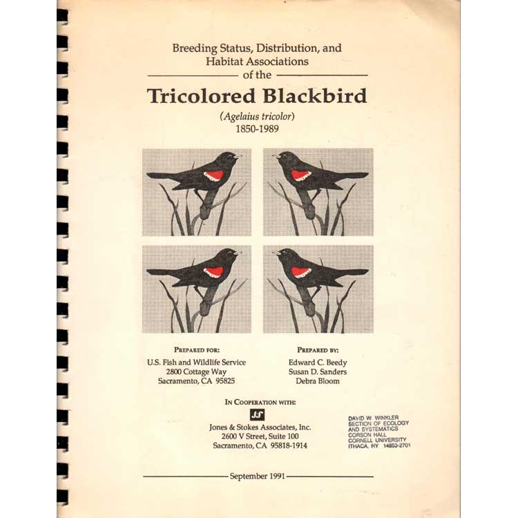 Item #G485 Breeding Status, Distribution, and Habitat Associations of the Tricolored Blackbird (Agelaius tricolor). Edward Beedy, Susan D. Sanders, Debra Bloom.