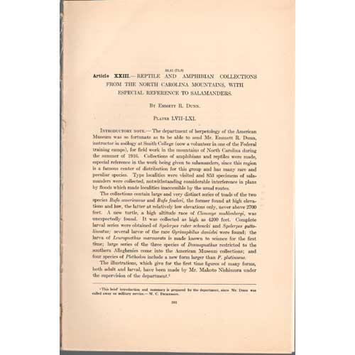 Item #Z03032502-2 Reptile and Amphibian Collections from the North Carolina Mountains, with Especial Reference to Salamanders. Emmett R. Dunn.