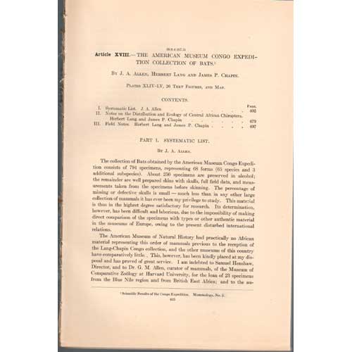 Item #Z04072305 The American Museum Congo Expedition Collection of Bats. J. A. Allen, Herbert Lang, James P. Chapin.